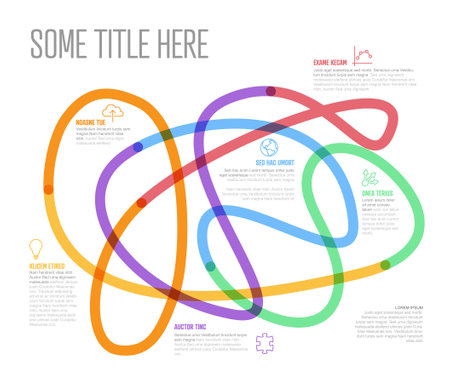 Infographic with colorful swirling curves in big tangle with placeholder text icons for various data. Multipurpose infochart for various data presentationのイラスト素材