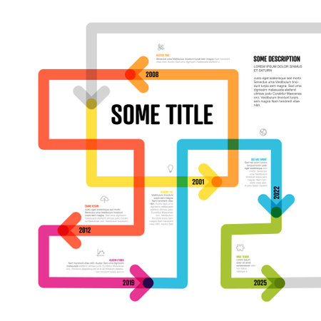 Colorful simple infochart tangle timeline template with arrows on thin color line, icons, short descriptions and year numbers. Infographic timelineのイラスト素材