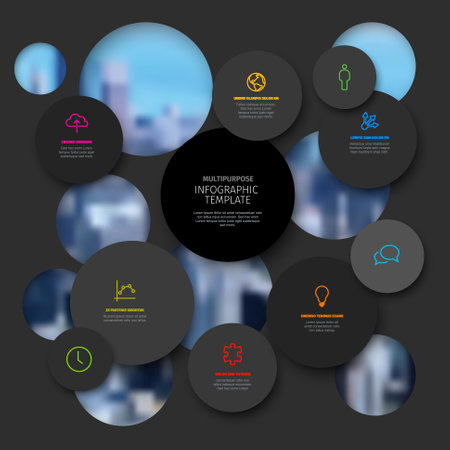 Vector Minimalist dark infographic report template with circles mosaic filled with various information, icons and numbers. Simple 3d realistic circles mosaic pattern template with photoのイラスト素材