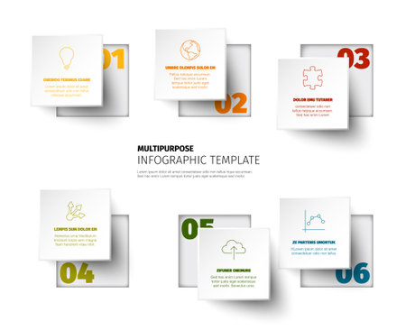 Vector squares progress steps template with descriptions and icons with color numbers in the light background. Six buttons with holes.のイラスト素材