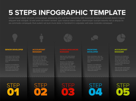 Vector Five simple slips of paper as steps progress template with descriptions and icons. Dark gray paper strips with step descriptions numbers and iconsのイラスト素材