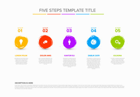 Vector multipurpose simple light progress timeline steps template with descriptions, icons and circles made by color brush - universal artistic infochart layoutのイラスト素材
