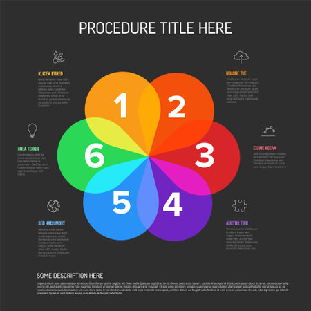Fresh Colorful Infographic Template with Six Rainbow Petal Design items on dark gray background with icons and descriptions. Multipurpose infochart templateのイラスト素材