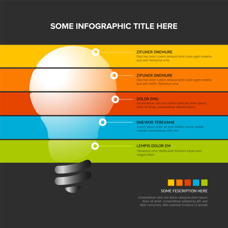 idea dark infographic template - light bulb icon made from red stripes with some content, description and five elements with icons all on black backgroundのイラスト素材