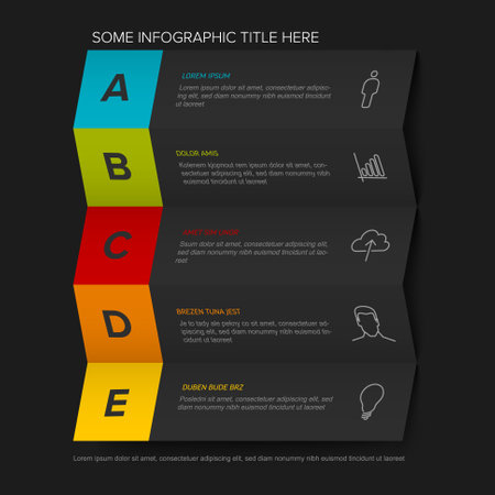 Five vector block steps options items template with descriptions, big letters on dark gray folded paper. Five fresh color horizontal folded paper stripe steps in sequence with task descriptions, icons and shadowsのイラスト素材