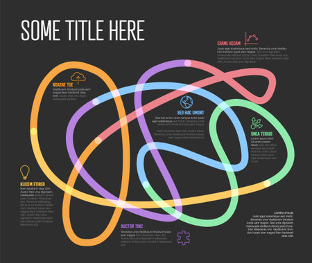 Infographic with colorful swirling curves in big tangle with placeholder text icons for various data. Multipurpose infochart for various data presentation on dark backgroundのイラスト素材