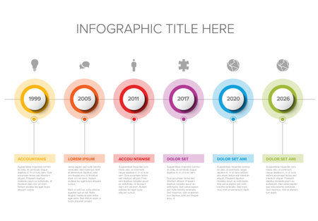 Vector multipurpose simple light progress time line steps template with descriptions, icons, year numbers and circles - universal timeline infochart layout templateのイラスト素材