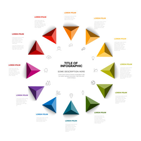 Full year timeline template with all rainbow colored months as arrows in one big cycle and short descriptions, all on white backgroundのイラスト素材