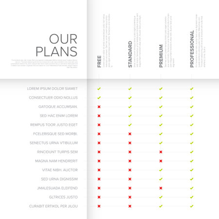Products service feature compare list table template with various options, description, functionality features all on white backgroundのイラスト素材