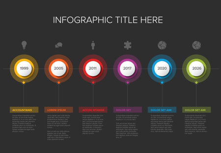 Vector dark multipurpose simple light progress time line steps template with descriptions, icons, year numbers and circles - universal timeline infochart layout templateのイラスト素材