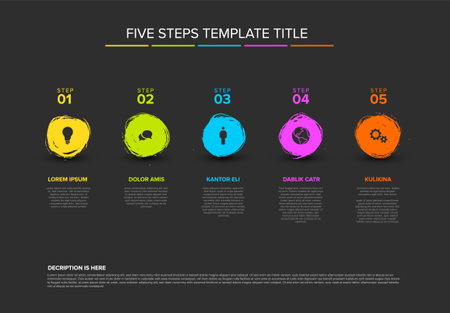 Vector multipurpose simple dark progress timeline steps template with descriptions, icons and circles made by color brush - universal artistic infochart layoutのイラスト素材