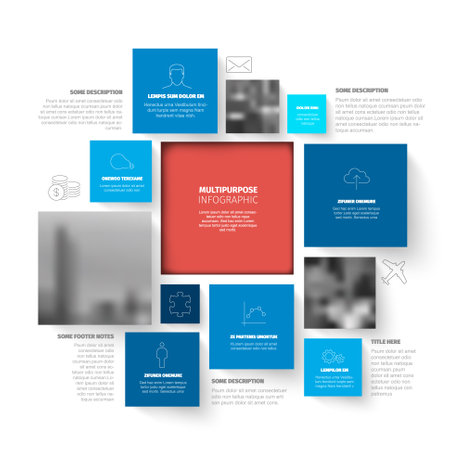 Vector Minimalist blue squares mosaic Infographic report template with various square blocks and photo placeholders with one big block containing the infographic title.のイラスト素材