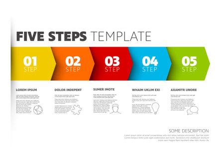 Five steps progress procedure infochart template with descriptions icons titles and big numbers. Simple infographic describing some process with five stepsのイラスト素材