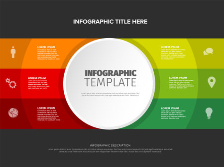 Six items infographic template on dark gray background made from big white circle, green, orange and red stripes with icons, titles descriptions. Modern multipurpose infochart templateのイラスト素材