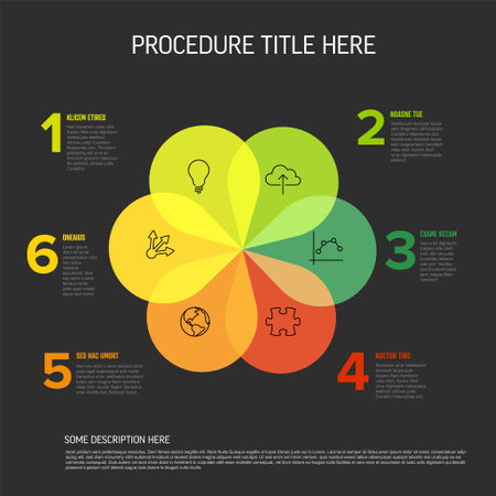 Fresh Infographic Template with Six green and red Petal Design items on dark background with icons and descriptions. Multipurpose infochart templateのイラスト素材