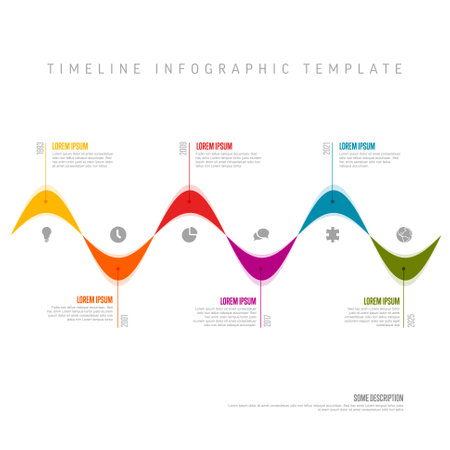 Color horizontal timeline with wavy curves template on white background. Simple minimalistic colorful vertical time line layout design templateのイラスト素材