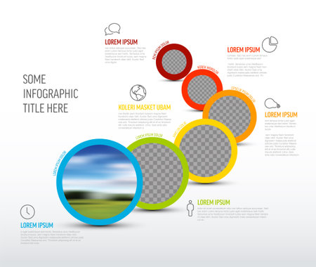 Vector Infographic Company Milestones Timeline Template with circle photo placeholders on light background. Circle photo placeholders timeline template layout design.のイラスト素材
