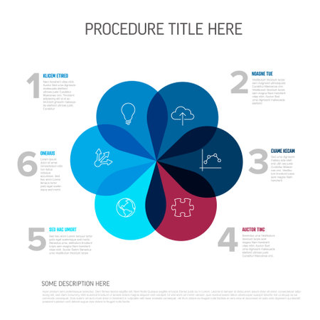 Fresh Infographic Template with Six blue and red Petal Design items on white background with icons and descriptions. Multipurpose infochart templateのイラスト素材