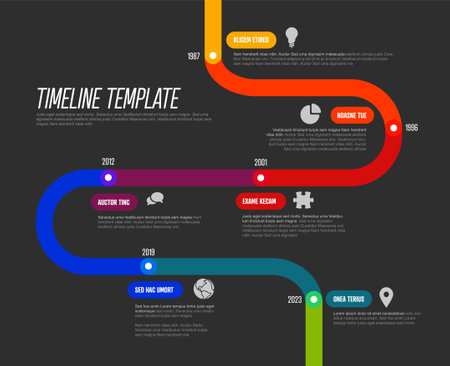 Simple timeline template made of rainbow color thick line segments. Multipurpose infochart template displaying main milestones or important stages on dark background.のイラスト素材
