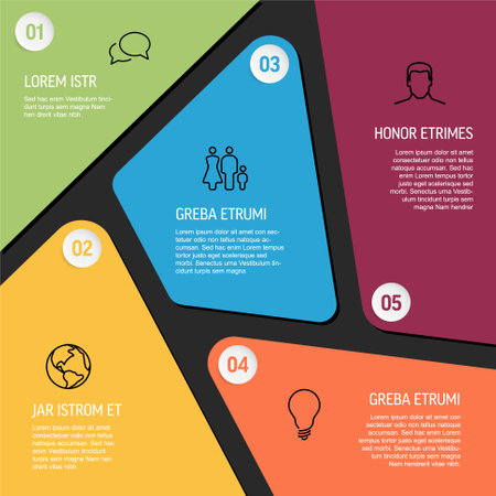 Abstract schema template with five pastel color sections or progress template with five steps on dark background with numbers icons and short sample description. Multipurpose infochartのイラスト素材