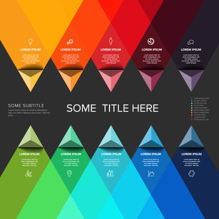 Vector multipurpose Infographic template made from title and ten color pyramid arrow items with icons titles and descriptions in two lines on dark background. Multipurpose infochart templateのイラスト素材
