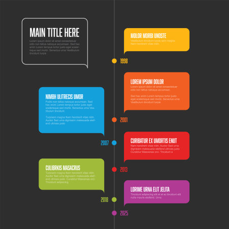 Colorful simple solid color bubbles vertical timeline template on dark gray background with big year numbers description and icons. Minimalistic timeline templateのイラスト素材