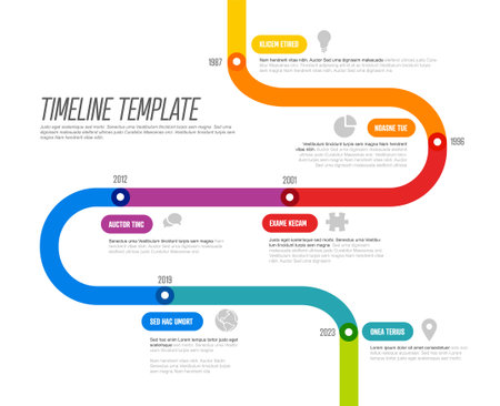 Simple timeline template made of rainbow color thick line segments. Multipurpose infochart template displaying main milestones or important stages.のイラスト素材