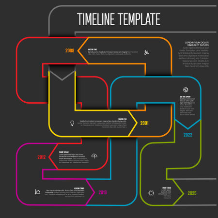 Colorful simple infochart tangle timeline template with arrows on thick color lines, icons, short descriptions and year numbers. Infographic timeline on black backgroundのイラスト素材
