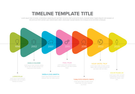 Vector time line infochart template with highlighet triangle arrows milestones with icons and year numbers in color transparent block intervals descriptions and titles Multipurpose infographicのイラスト素材