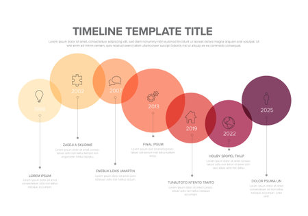 Yellow red infographic timeline template made from content circles with icons, years and some sample text content. Horizontal timeline templateのイラスト素材