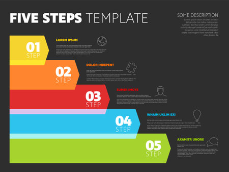 Five steps progress procedure infochart template with descriptions icons titles and big numbers on semi transparent arrows. Simple dark inographic describing some process with five stepsのイラスト素材