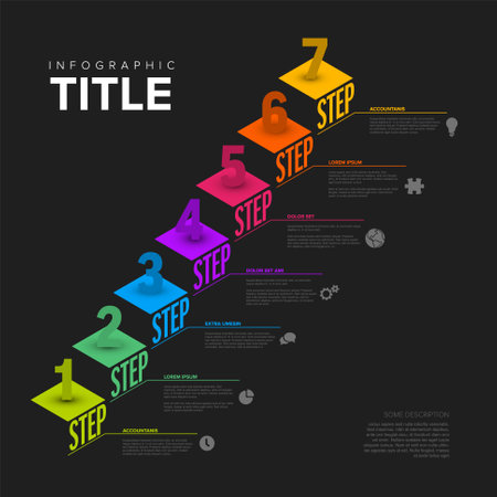 Seven isometry steps with big numbers prescription and icons. Multipurpose dark infographic template with seven steps or options as a stairs in fresh rainbow colorsのイラスト素材