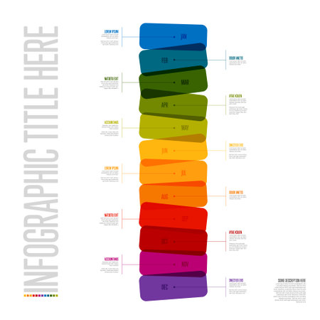 Full year rainbow color time line template made from color blocks, month names icons and sample text descriptions. Multipurpose month year timeline templateのイラスト素材