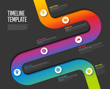 Vector Dark Infographic Company Milestones curved Timeline Template. Dark time line template with circles and icons. Thick Rainbow Timeline with curves, icons and text contentのイラスト素材