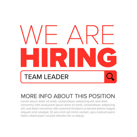 We are hiring minimalistic white red flyer template - looking for new members of our team hiring a new member colleagues to our company organization team simple motive with magnifying glass and search buttonのイラスト素材