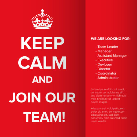 Keep calm and join our team minimalistic red flyer template - looking for new members of our team hiring a new member colleagues to our company organizationのイラスト素材