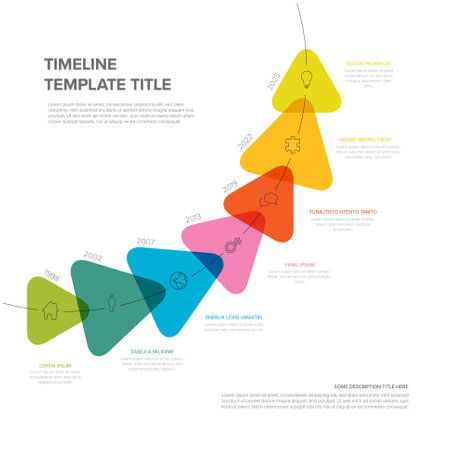 Timeline made from seven rainbow color transparent triangles with years icons and description on curved time line with growing potentialのイラスト素材
