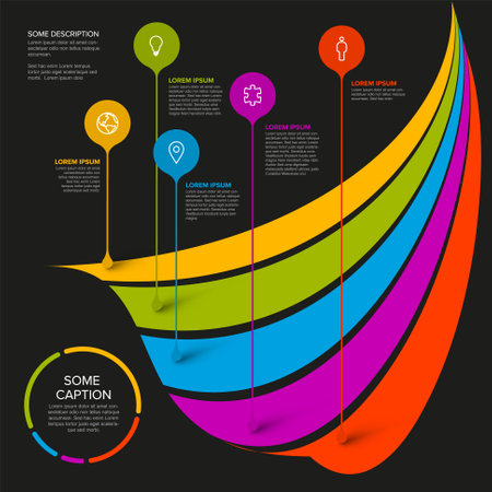 Infographic template with five droplet pointers on curved rainbow stripes and dark gray background. Multipurpose infographic template with five elementsのイラスト素材