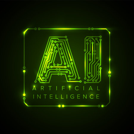 Artificial intelligence conceptual illustration in fresh modern style with place for your content. AI artificial intelligence green banner header social media templateのイラスト素材