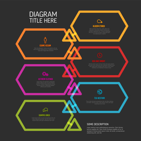 Six content hexagon shapes with arrows in process multipurpose infographic on black background with sample content, titles ans simple icons. Steps infographic templateのイラスト素材