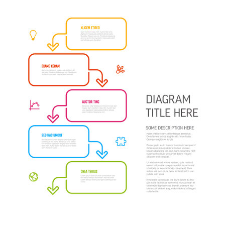 Five steps content rectangle blocks infographic template with colorful borders icons and diagram description. Multipurpose process progress infographic templateのイラスト素材