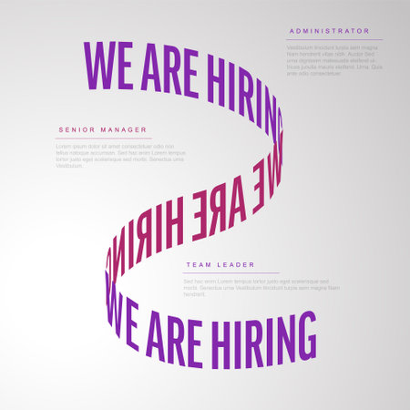 Modern we are hiring poster with purple letters on a light background with three free position descriptions. Multipurpose Join our team banner flyer templateのイラスト素材