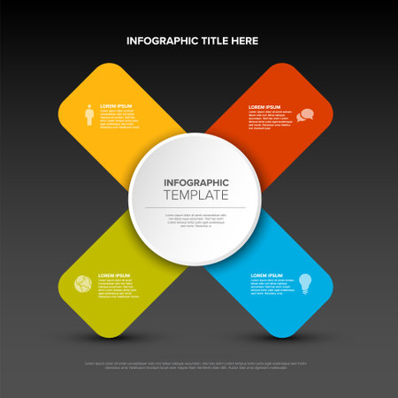 Multipurpose cross infographic template with big center and four elements on color crossed stripes all on dark gray background with light shadowのイラスト素材
