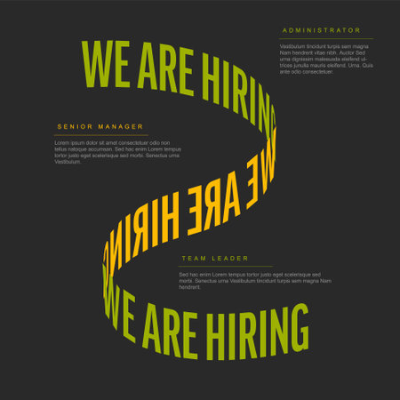 Modern we are hiring poster with green yellow letters on dark background with three free position descriptions. Multipurpose Join our team banner flyer templateのイラスト素材