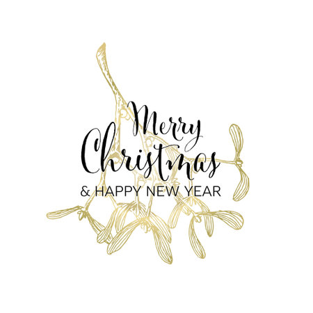 Vintage golden Merry Christmas and happy new year card template with place for your text and handdrawn golden mistletoe illustration in the white backgroundのイラスト素材