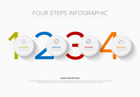 A four-step circular infographic displays numbers and icons, highlighting accountancy processes. With vibrant colors, this infographic effectively illustrates a step-by-step workflow.のイラスト素材