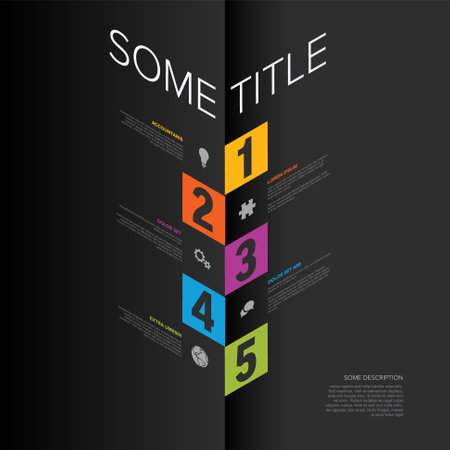 This is a colorful infographic featuring five numbered sections with icons and text. Each section is uniquely colored, showcasing information in a sequence from one to five on a dark background.のイラスト素材