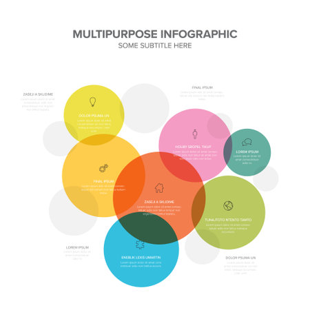 This infographic features colorful overlapping circles, each containing text and icons. The circles vary in size and color, creating a visually appealing design with visible text and icons.のイラスト素材