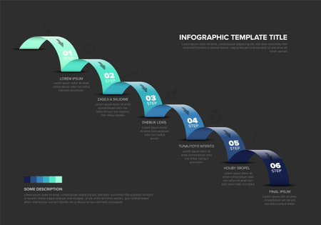 Green to blue ascending six step infographic template with placeholder text and icons. This infographic features distinct colors and icons for each step, highlighting progression.のイラスト素材