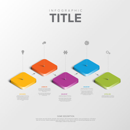 Light infographic displays a 3D layout with five colorful steps in orange, yellow, purple, blue, and green. Each step features icons and text for presenting information clearly.のイラスト素材